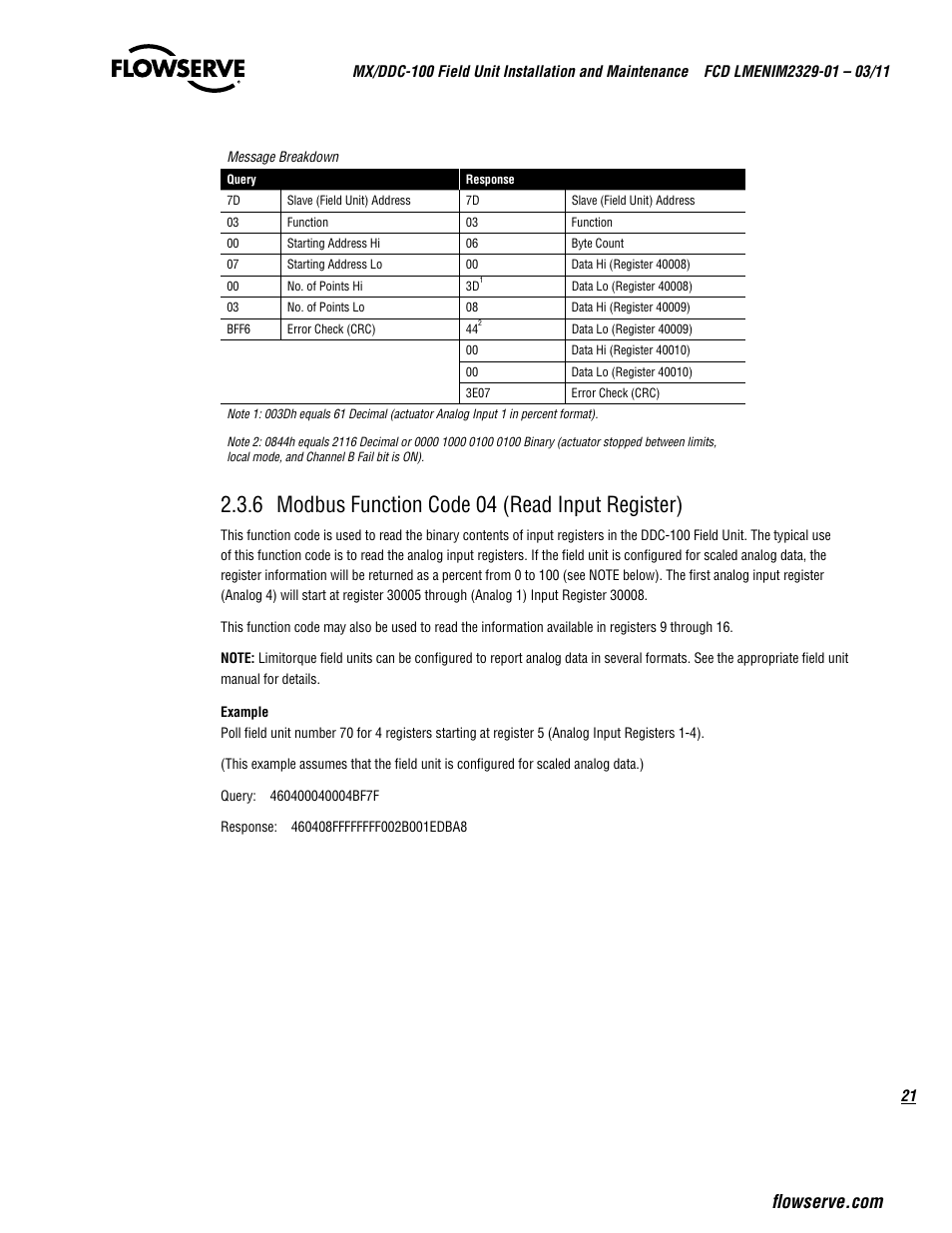 6 modbus function code 04 (read input register) | Flowserve MX-100 Field Unit User Manual | Page 21 / 66