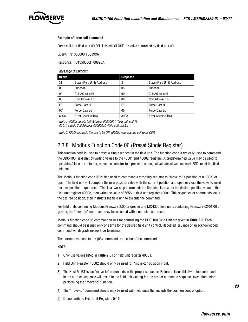 8 modbus function code 06 (preset single register) | Flowserve MX-100 Field Unit User Manual | Page 23 / 66