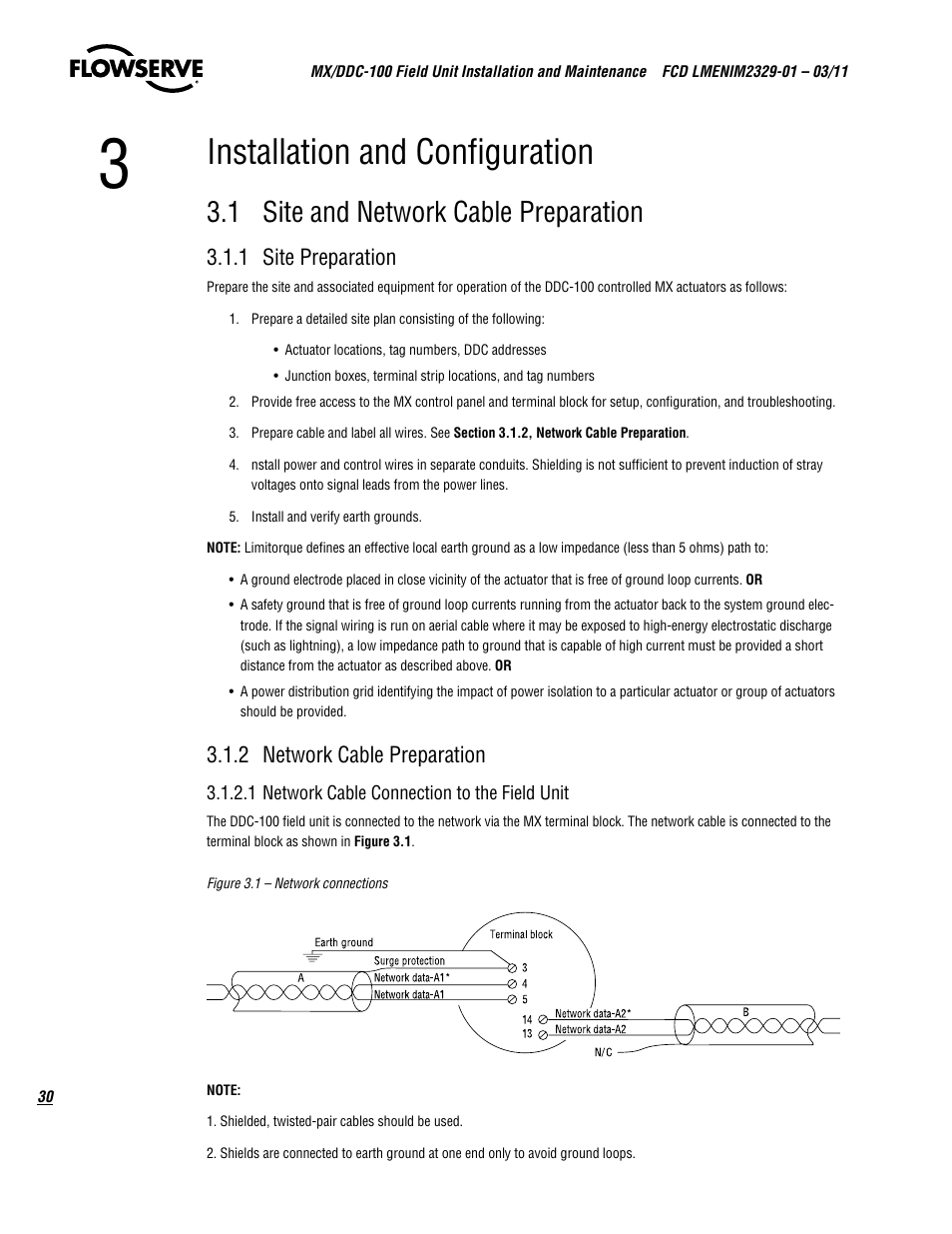 Installation and configuration, 1 site and network cable preparation, 1 site preparation | 2 network cable preparation | Flowserve MX-100 Field Unit User Manual | Page 30 / 66
