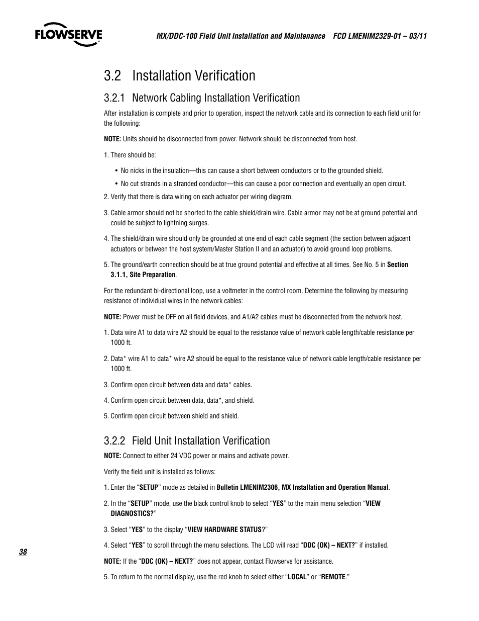 2 installation verification, 1 network cabling installation verification, 2 field unit installation verification | Flowserve MX-100 Field Unit User Manual | Page 38 / 66