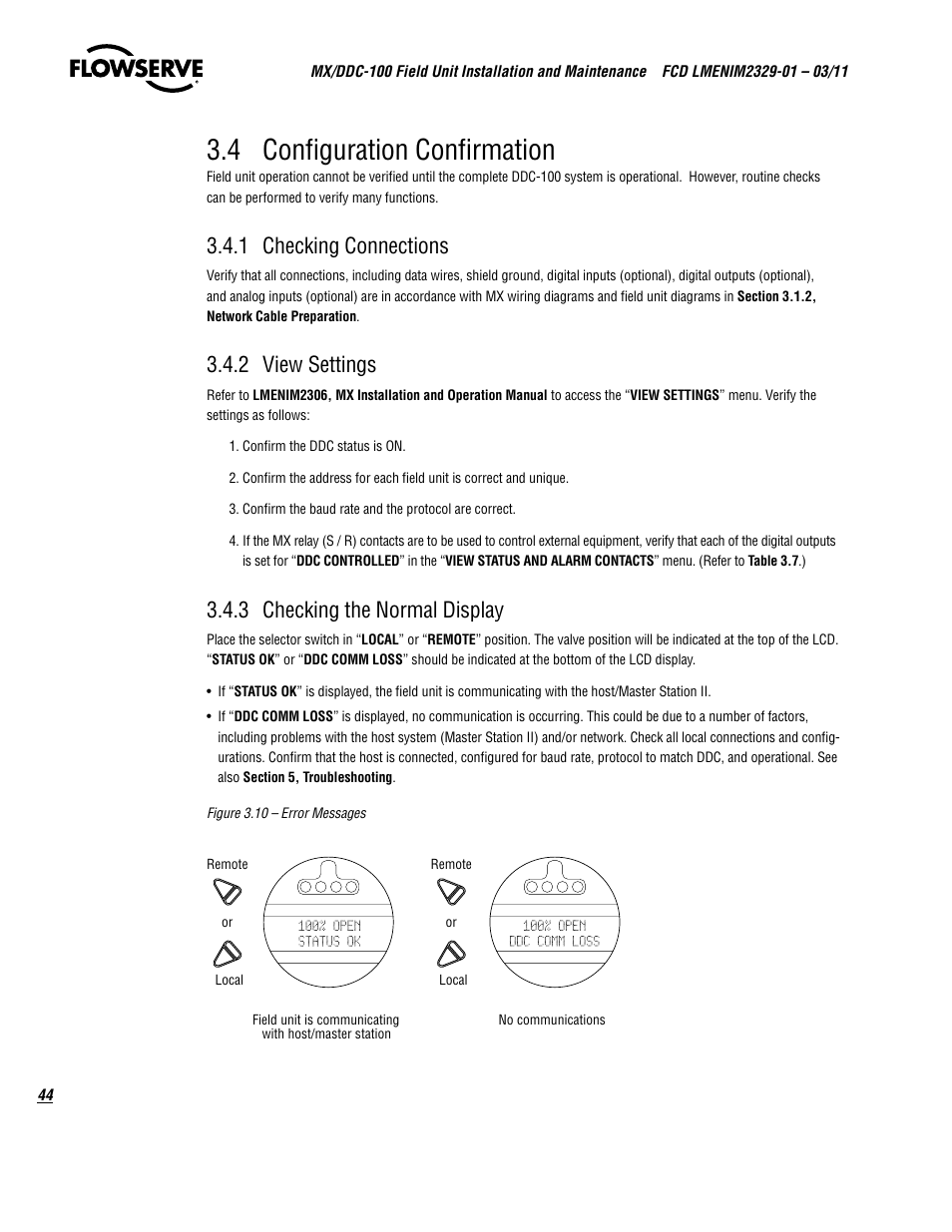 4 configuration confirmation, 1 checking connections, 2 view settings | 3 checking the normal display | Flowserve MX-100 Field Unit User Manual | Page 44 / 66