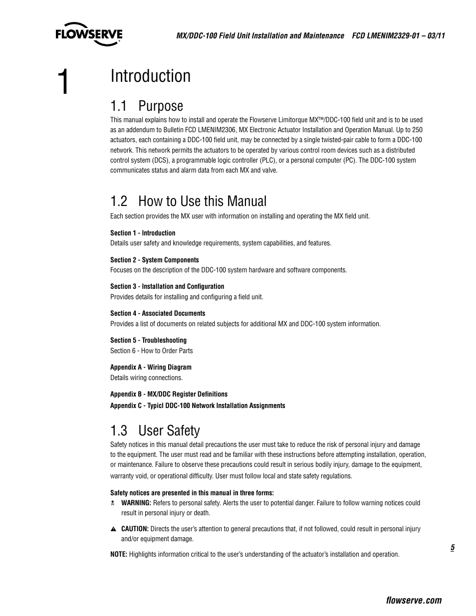 Introduction, 1 purpose, 2 how to use this manual | 3 user safety | Flowserve MX-100 Field Unit User Manual | Page 5 / 66