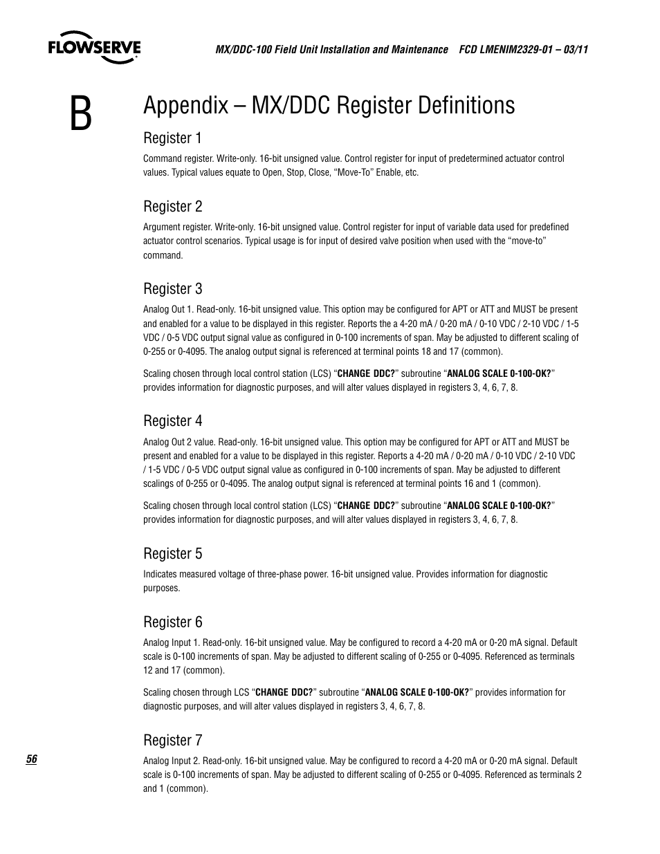 Appendix – mx/ddc register definitions | Flowserve MX-100 Field Unit User Manual | Page 56 / 66