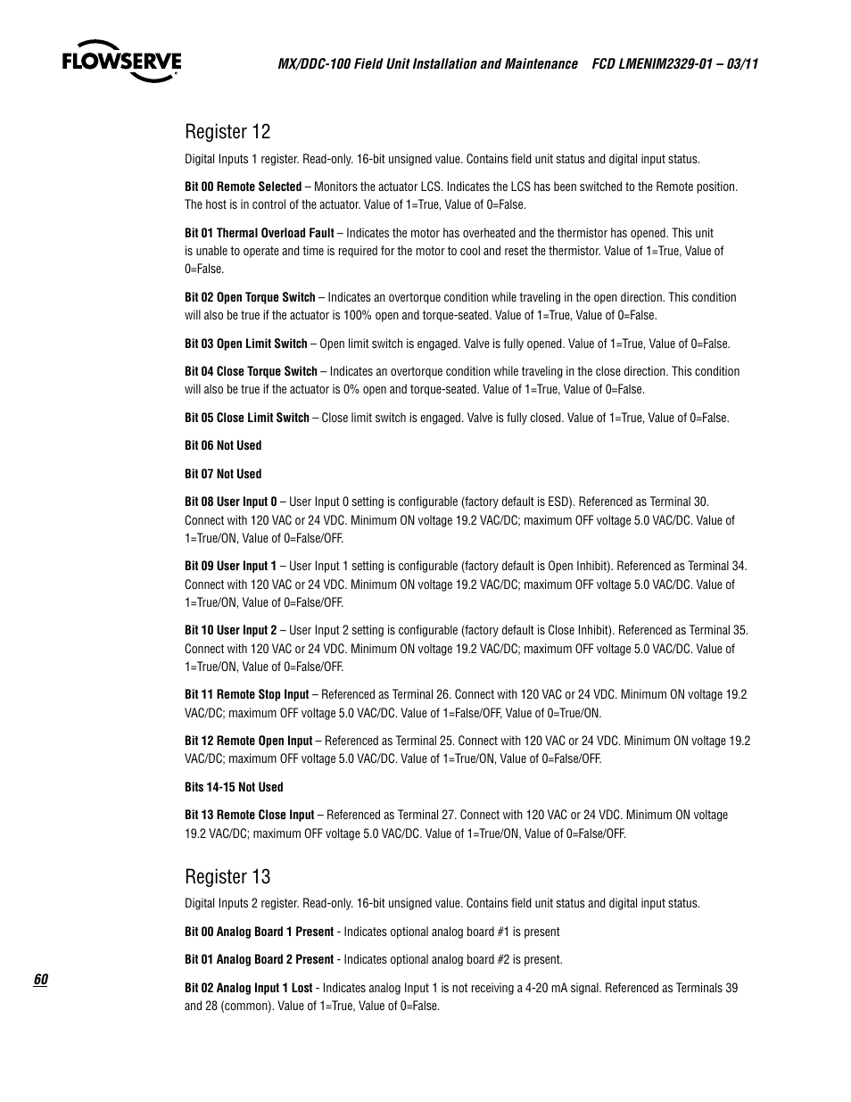 Register 12, Register 13 | Flowserve MX-100 Field Unit User Manual | Page 60 / 66