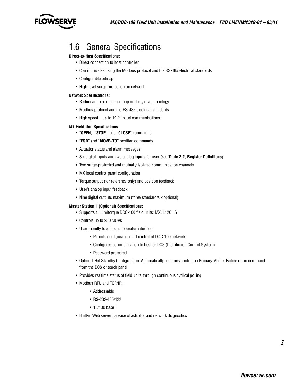 6 general specifications | Flowserve MX-100 Field Unit User Manual | Page 7 / 66