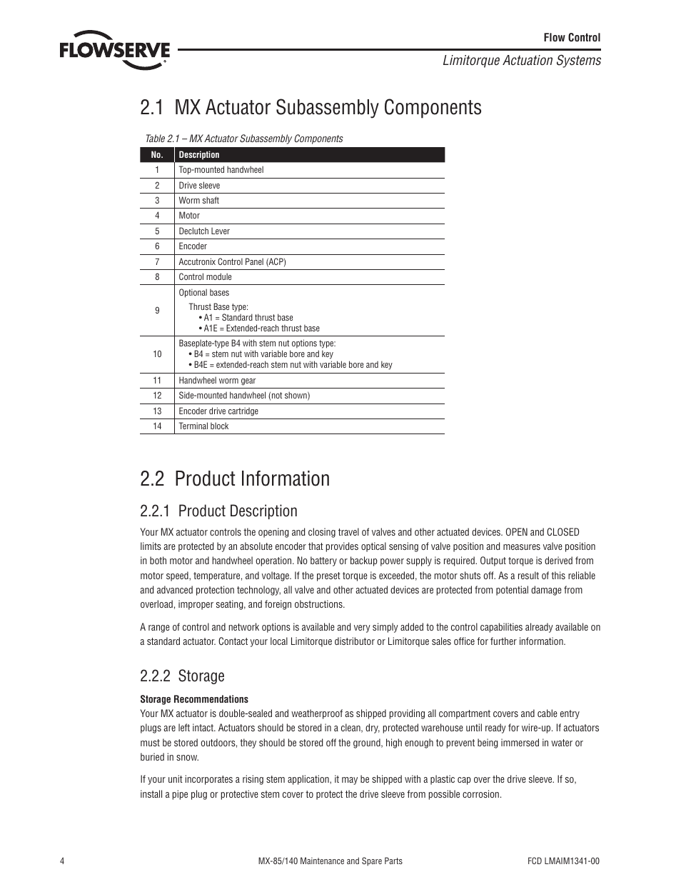 1 mx actuator subassembly components, 2 product information, 1 product description | 2 storage, Limitorque actuation systems | Flowserve MX-85 Actuator User Manual | Page 12 / 96