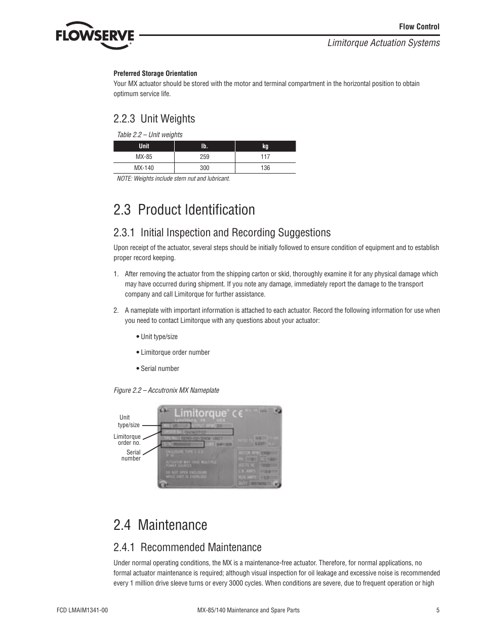 3 product identiﬁcation, 4 maintenance, 3 unit weights | 1 initial inspection and recording suggestions, 1 recommended maintenance, Limitorque actuation systems | Flowserve MX-85 Actuator User Manual | Page 13 / 96