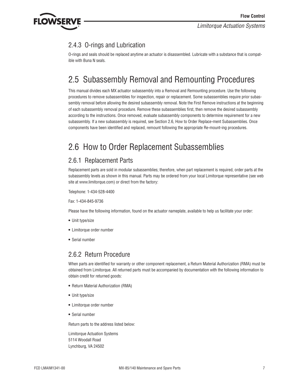 5 subassembly removal and remounting procedures, 6 how to order replacement subassemblies, 3 o-rings and lubrication | 1 replacement parts, 2 return procedure | Flowserve MX-85 Actuator User Manual | Page 15 / 96