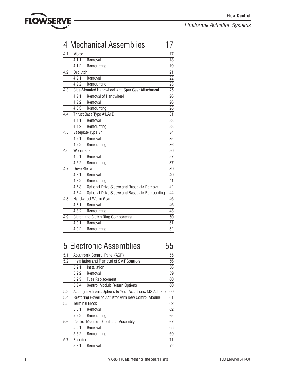 4 mechanical assemblies 17, 5 electronic assemblies 5 5 | Flowserve MX-85 Actuator User Manual | Page 4 / 96