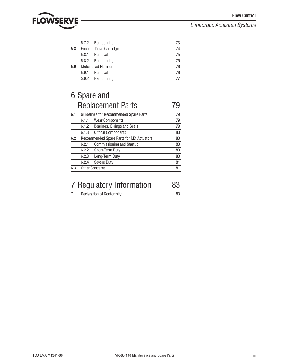 6 spare and replacement parts 79, 7 regulatory information 83 | Flowserve MX-85 Actuator User Manual | Page 5 / 96