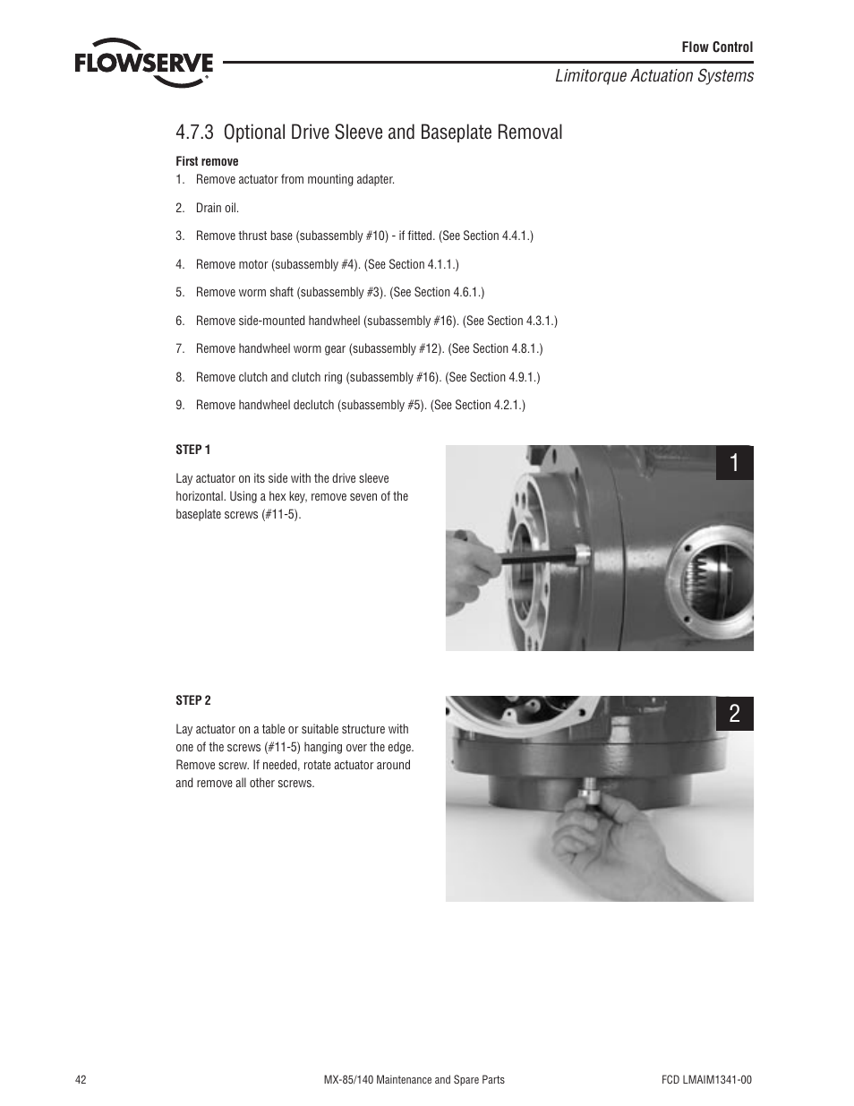 3 optional drive sleeve and baseplate removal | Flowserve MX-85 Actuator User Manual | Page 50 / 96