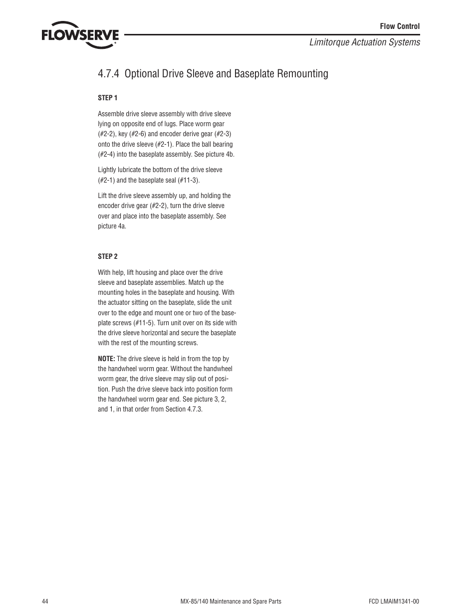 4 optional drive sleeve and baseplate remounting, Limitorque actuation systems | Flowserve MX-85 Actuator User Manual | Page 52 / 96