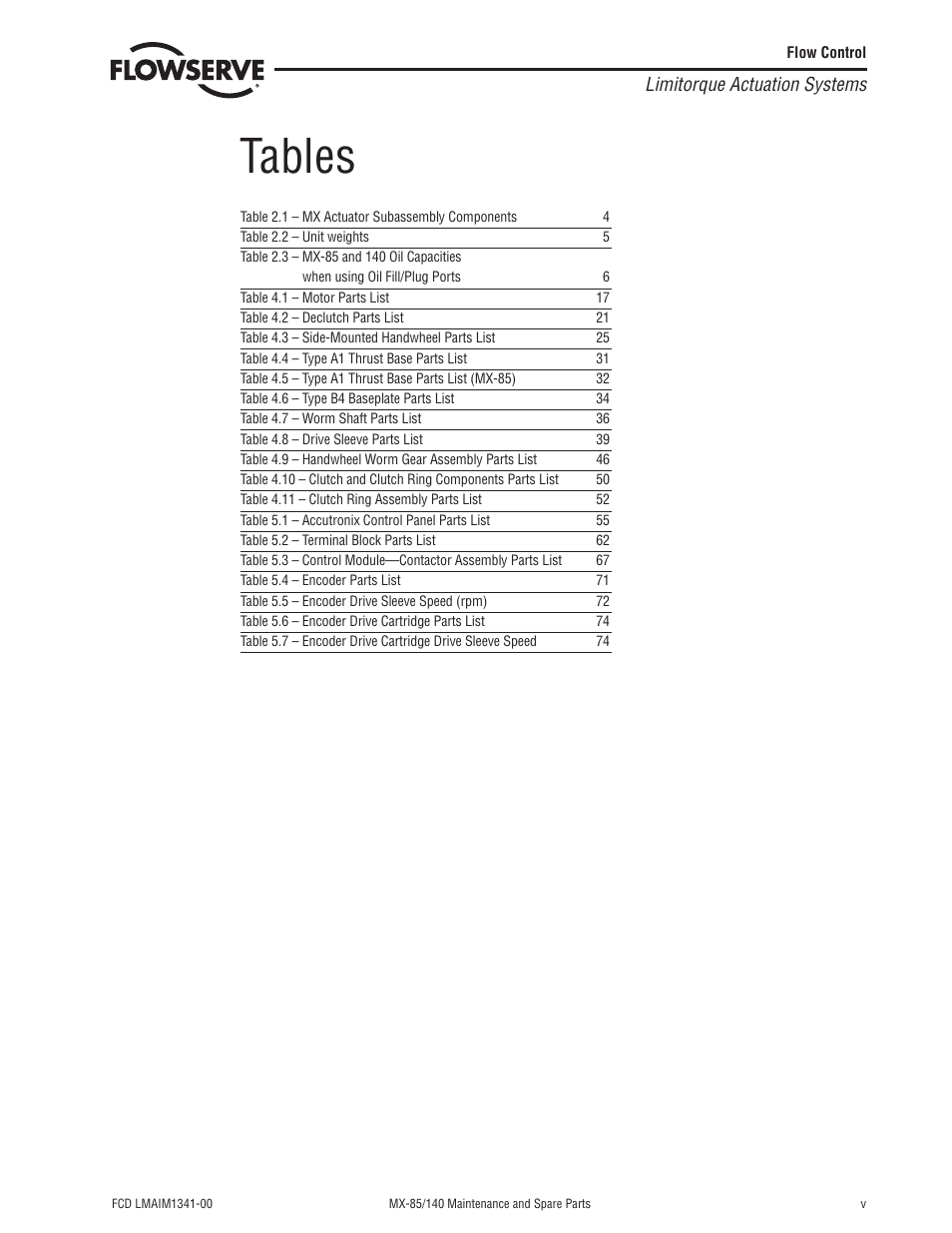 Tables | Flowserve MX-85 Actuator User Manual | Page 7 / 96