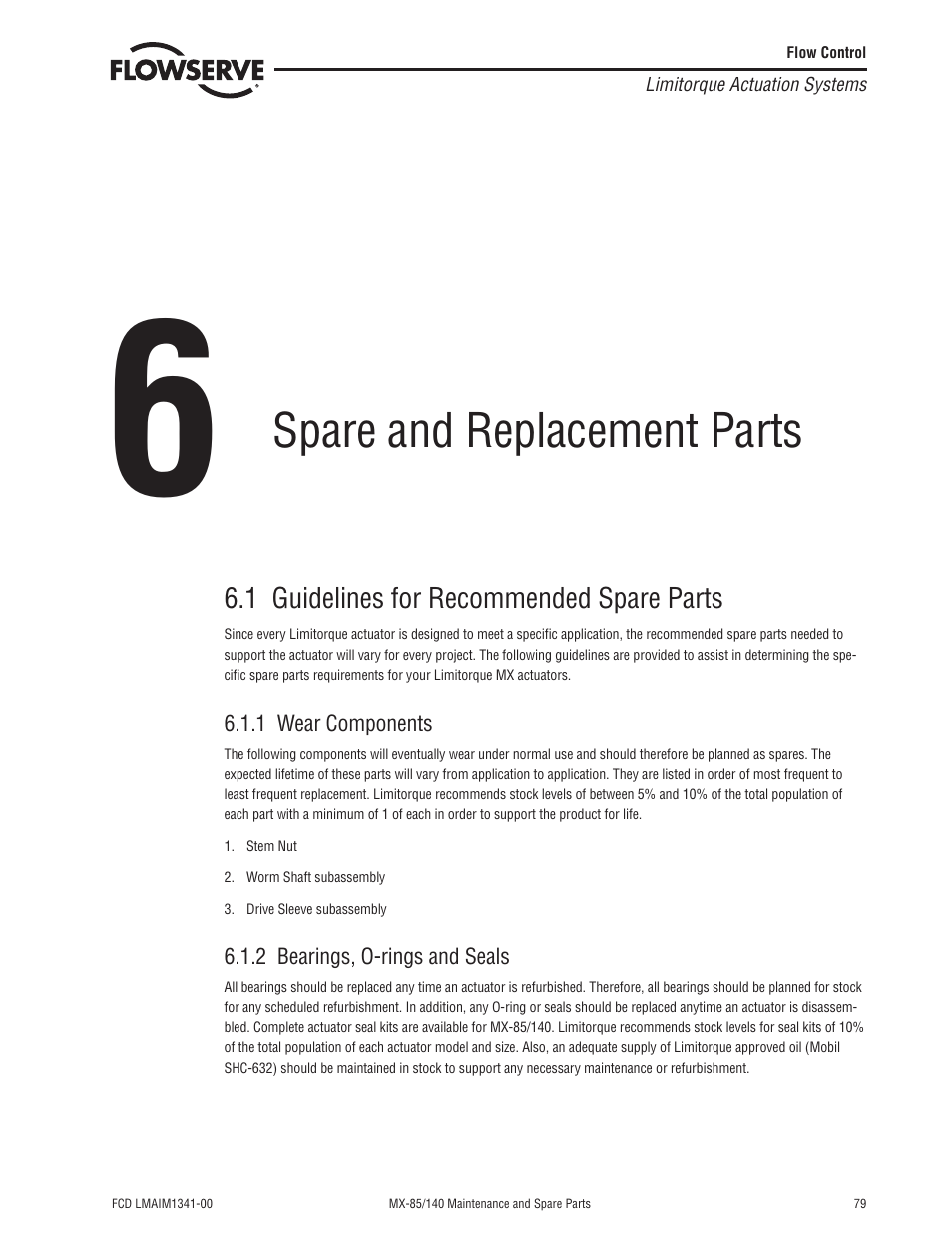Spare and replacement parts | Flowserve MX-85 Actuator User Manual | Page 87 / 96