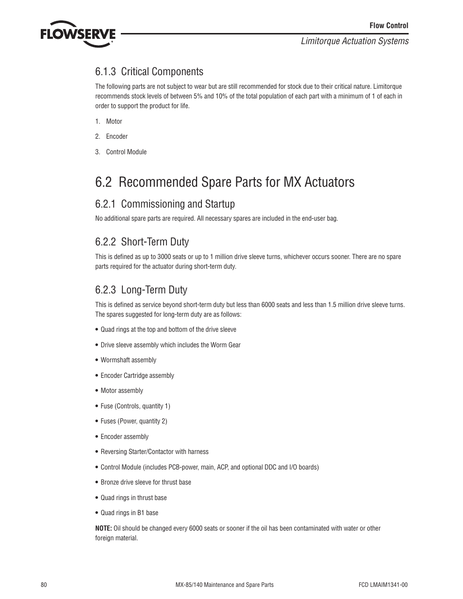 2 recommended spare parts for mx actuators, 3 critical components, 1 commissioning and startup | 2 short-term duty, 3 long-term duty | Flowserve MX-85 Actuator User Manual | Page 88 / 96
