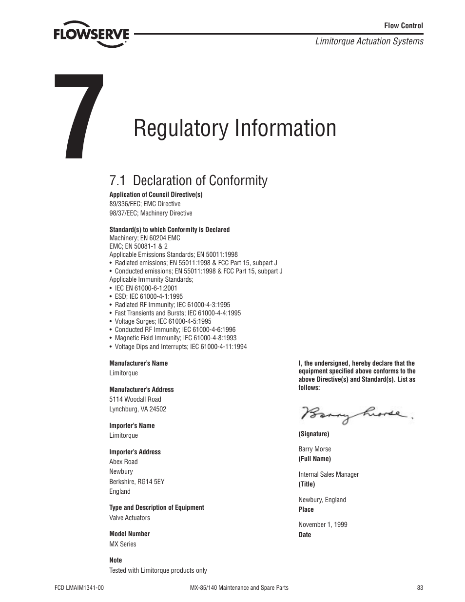 Regulatory information, 1 declaration of conformity | Flowserve MX-85 Actuator User Manual | Page 91 / 96