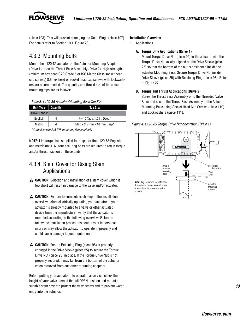3 mounting bolts, 4 stem cover for rising stem applications | Flowserve L120-85 Actuator User Manual | Page 13 / 48