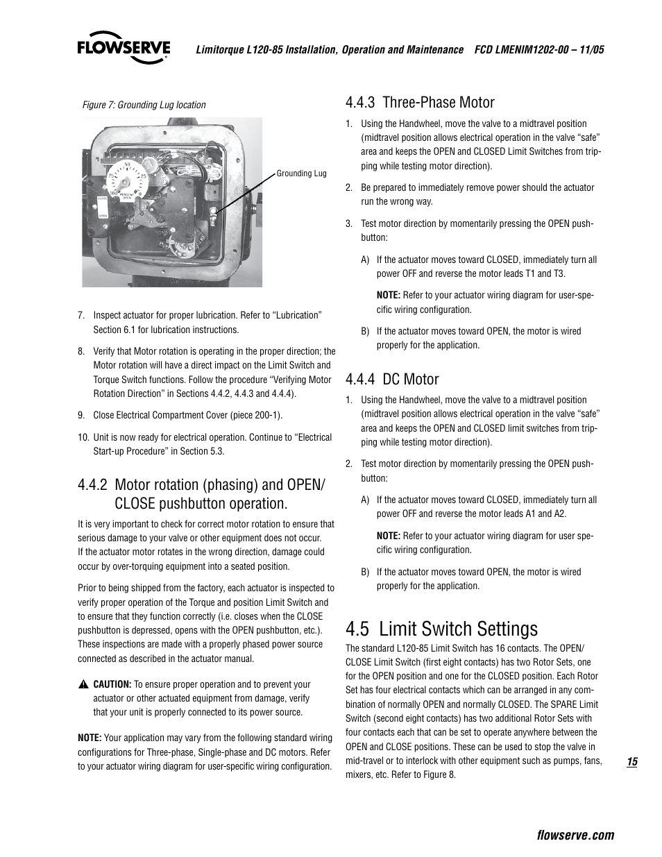 5 limit switch settings, 3 three-phase motor, 4 dc motor | Flowserve L120-85 Actuator User Manual | Page 15 / 48
