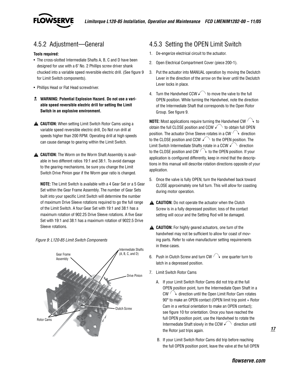 2 adjustment—general, 3 setting the open limit switch | Flowserve L120-85 Actuator User Manual | Page 17 / 48