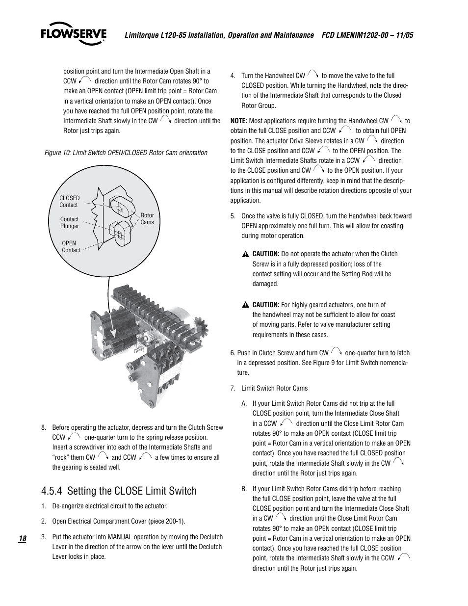 4 setting the close limit switch | Flowserve L120-85 Actuator User Manual | Page 18 / 48