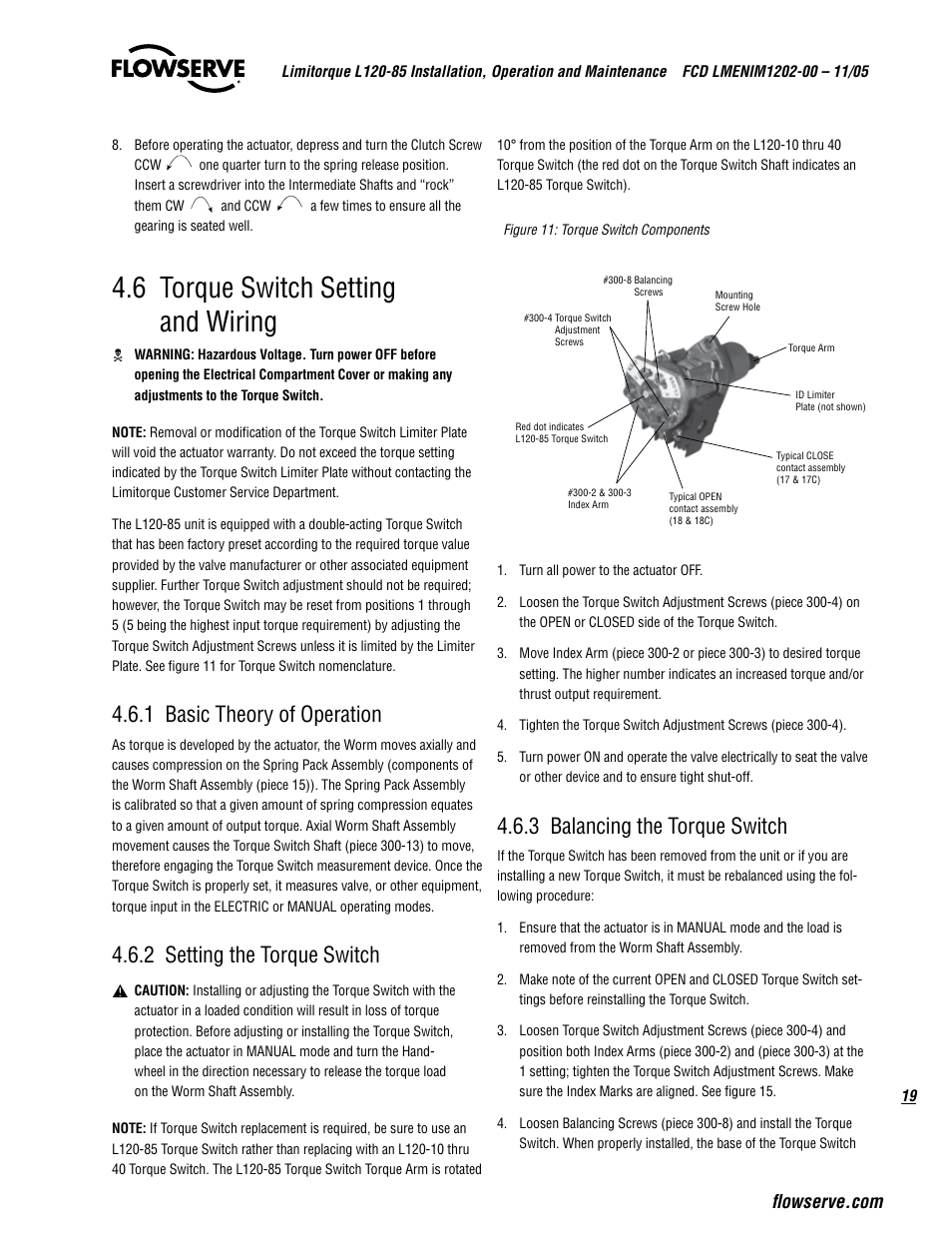 6 torque switch setting and wiring, 1 basic theory of operation, 2 setting the torque switch | 3 balancing the torque switch | Flowserve L120-85 Actuator User Manual | Page 19 / 48