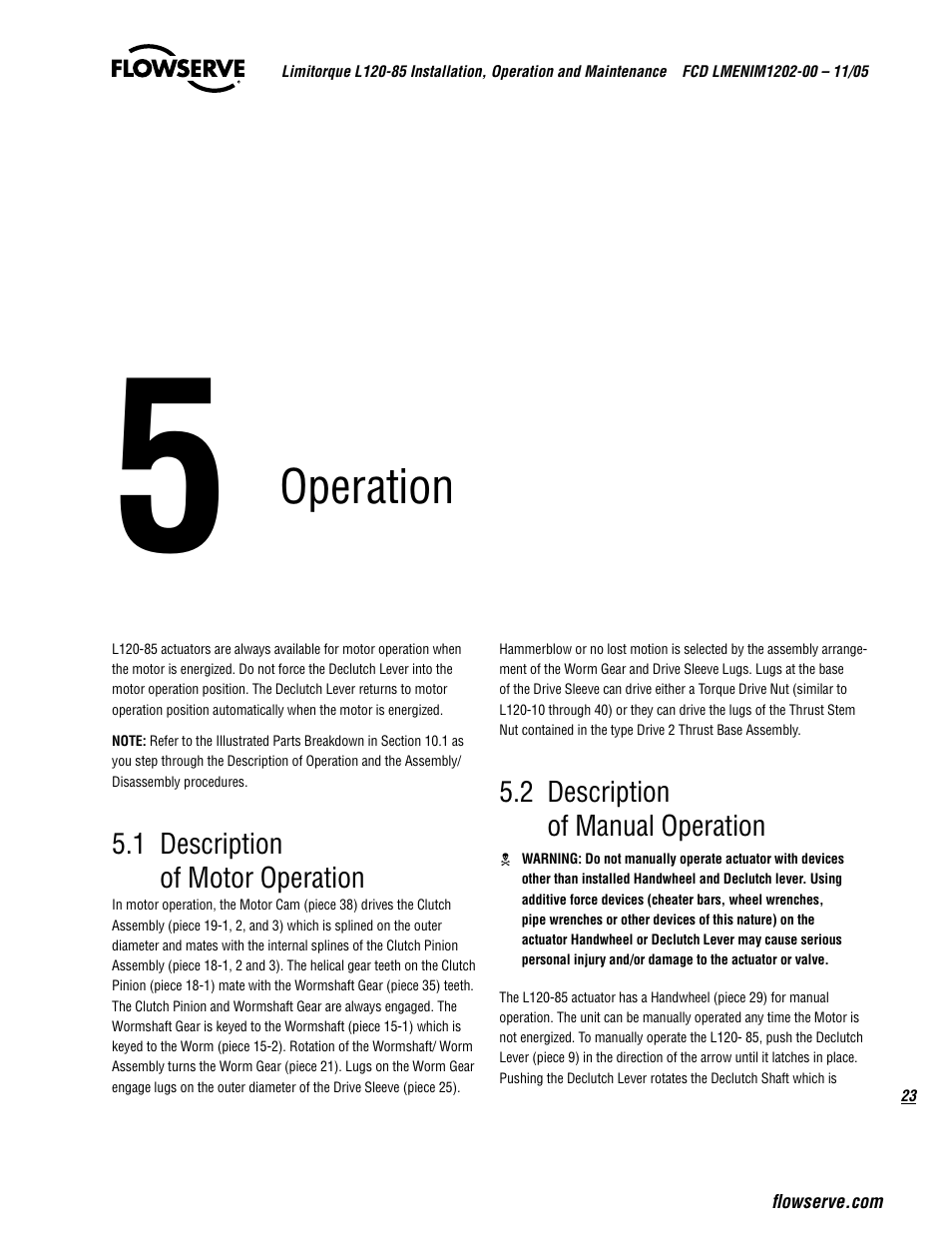 Operation | Flowserve L120-85 Actuator User Manual | Page 23 / 48