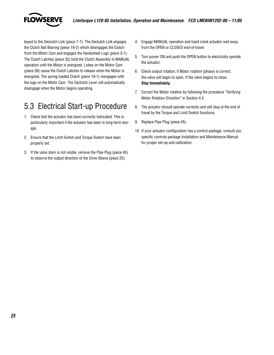 3 electrical start-up procedure | Flowserve L120-85 Actuator User Manual | Page 24 / 48