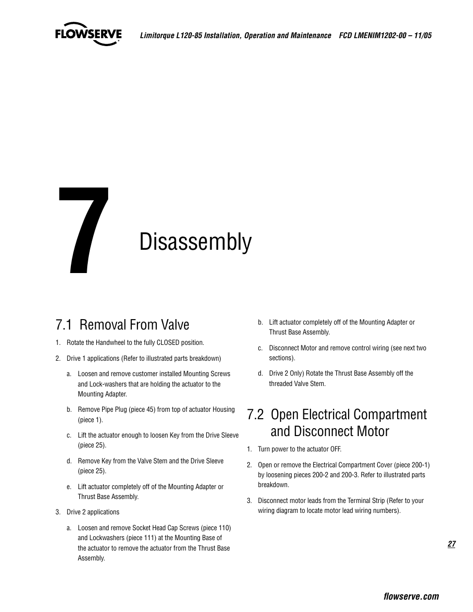 Disassembly, 1 removal from valve, 2 open electrical compartment and disconnect motor | Flowserve L120-85 Actuator User Manual | Page 27 / 48