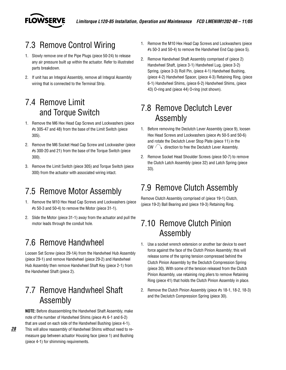 3 remove control wiring, 4 remove limit and torque switch, 5 remove motor assembly | 6 remove handwheel, 7 remove handwheel shaft assembly, 8 remove declutch lever assembly, 9 remove clutch assembly, 10 remove clutch pinion assembly | Flowserve L120-85 Actuator User Manual | Page 28 / 48