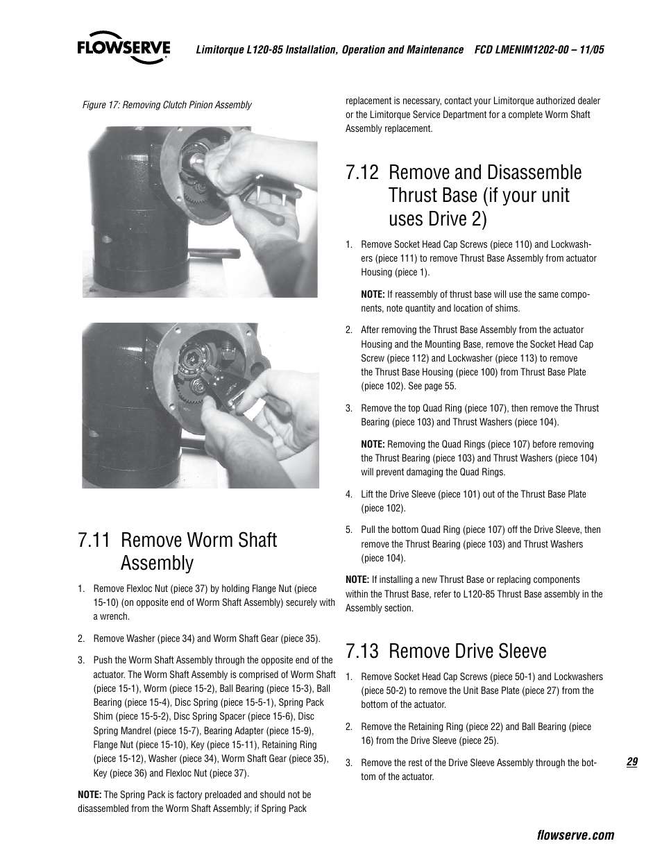 11 remove worm shaft assembly, 13 remove drive sleeve | Flowserve L120-85 Actuator User Manual | Page 29 / 48