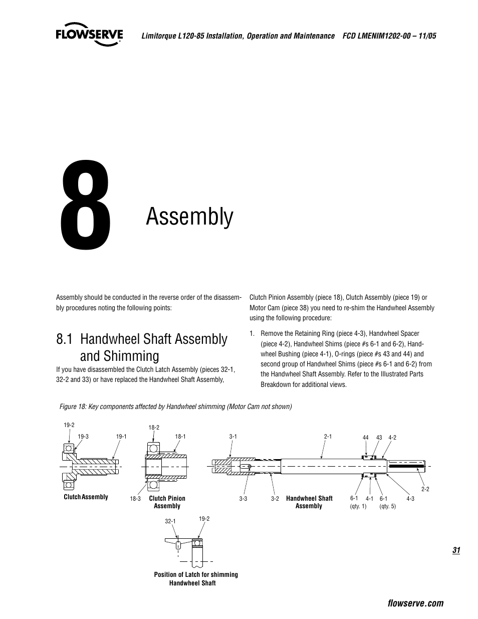 Assembly, 1 handwheel shaft assembly and shimming | Flowserve L120-85 Actuator User Manual | Page 31 / 48