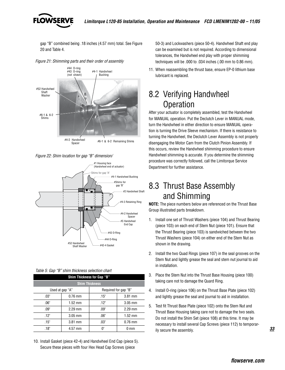 2 verifying handwheel operation, 3 thrust base assembly and shimming | Flowserve L120-85 Actuator User Manual | Page 33 / 48