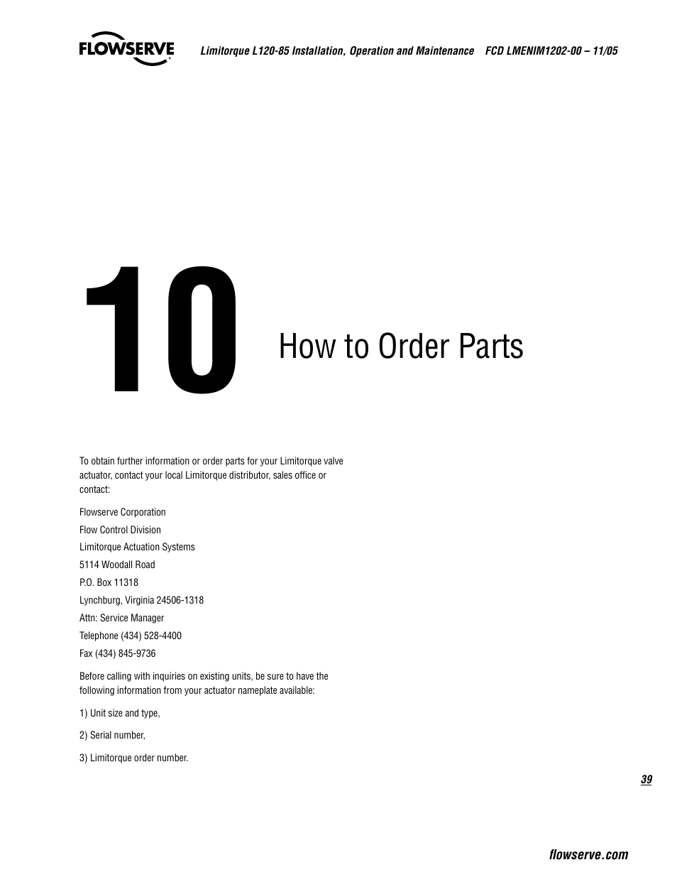 How to order parts | Flowserve L120-85 Actuator User Manual | Page 39 / 48