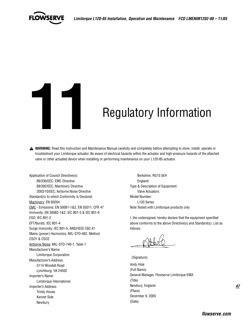 Regulatory information | Flowserve L120-85 Actuator User Manual | Page 47 / 48