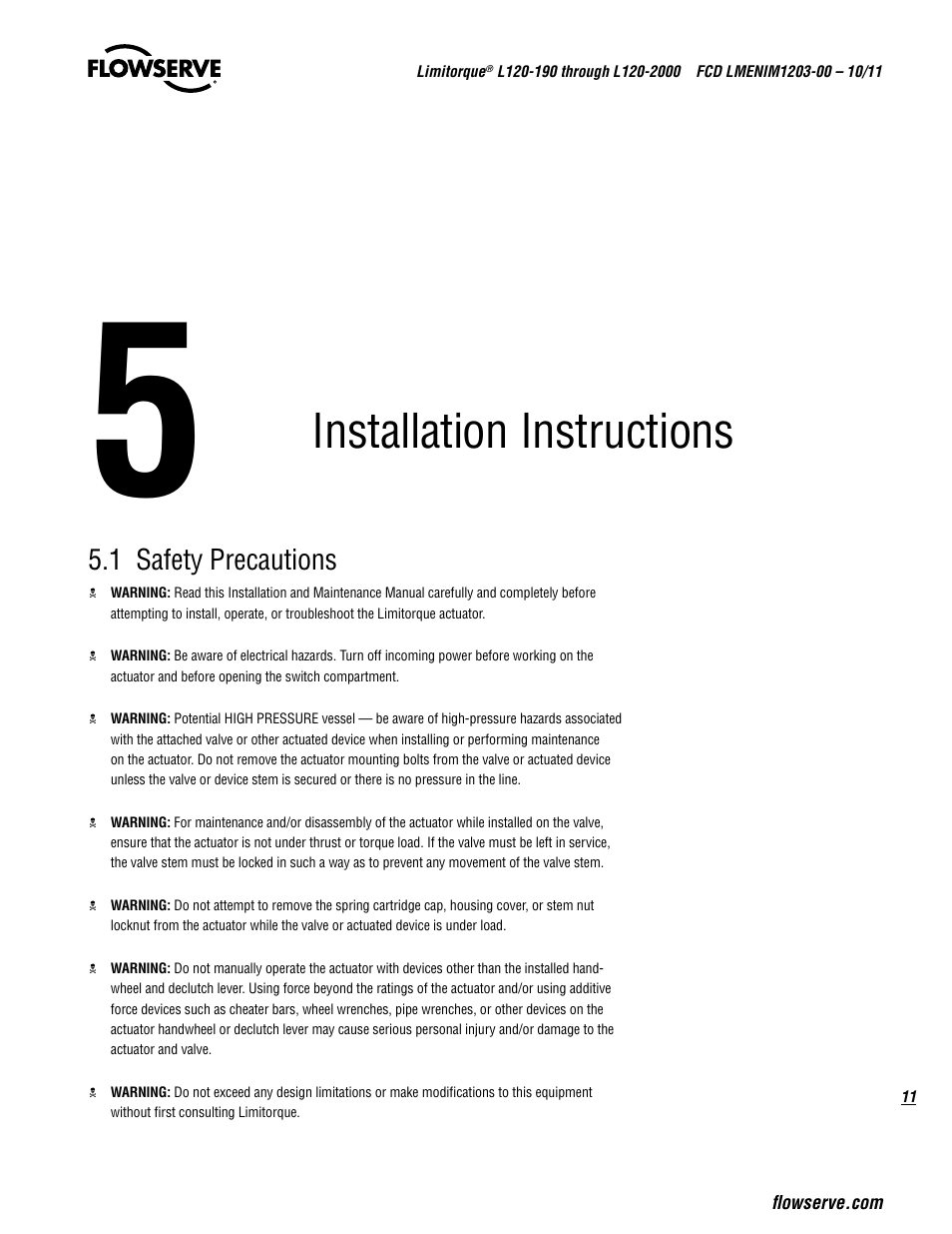 Installation instructions, 1 safety precautions | Flowserve L120-190 through L120-2000 User Manual | Page 11 / 56