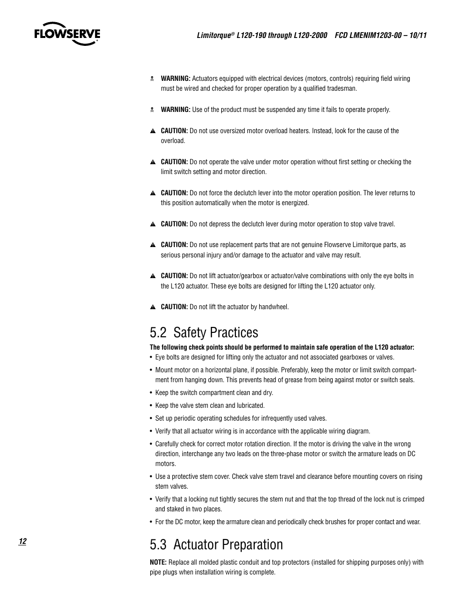 2 safety practices, 3 actuator preparation | Flowserve L120-190 through L120-2000 User Manual | Page 12 / 56