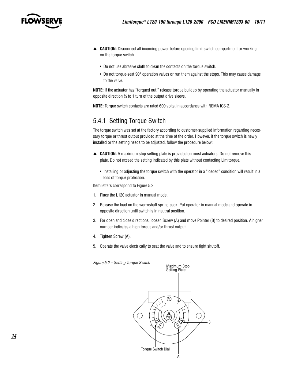 1 setting torque switch | Flowserve L120-190 through L120-2000 User Manual | Page 14 / 56