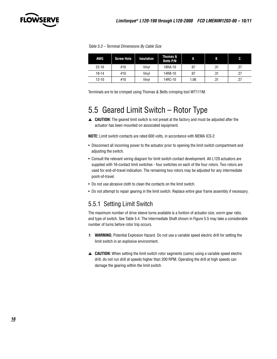 5 geared limit switch – rotor type, 1 setting limit switch | Flowserve L120-190 through L120-2000 User Manual | Page 16 / 56