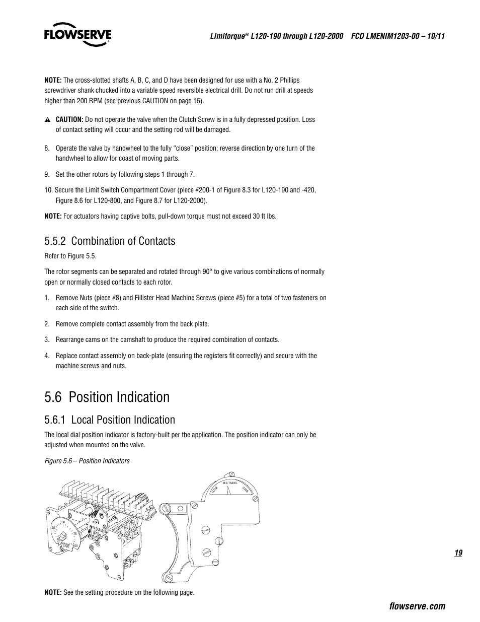 6 position indication, 2 combination of contacts, 1 local position indication | Flowserve L120-190 through L120-2000 User Manual | Page 19 / 56