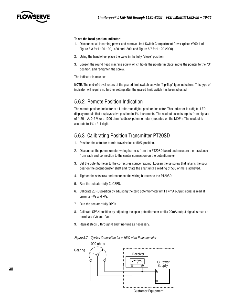 2 remote position indication, 3 calibrating position transmitter pt20sd | Flowserve L120-190 through L120-2000 User Manual | Page 20 / 56