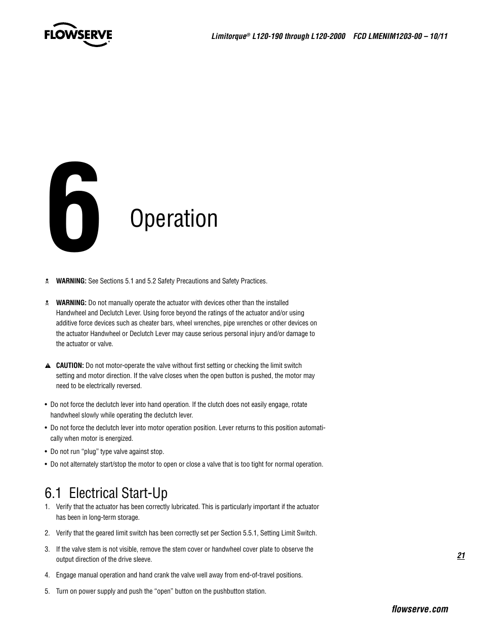 Operation, 1 electrical start-up | Flowserve L120-190 through L120-2000 User Manual | Page 21 / 56