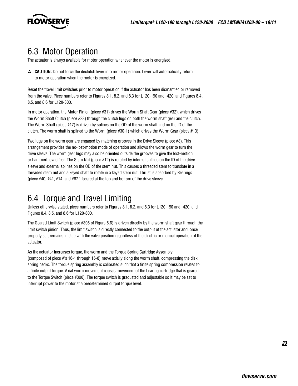 3 motor operation, 4 torque and travel limiting | Flowserve L120-190 through L120-2000 User Manual | Page 23 / 56