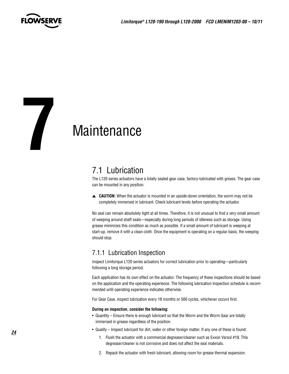 Maintenance | Flowserve L120-190 through L120-2000 User Manual | Page 24 / 56