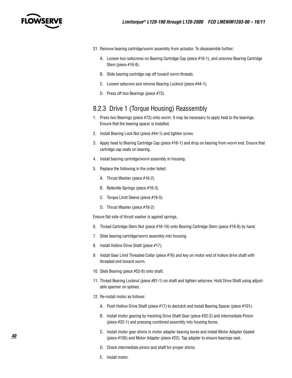 3 drive 1 (torque housing) reassembly | Flowserve L120-190 through L120-2000 User Manual | Page 40 / 56