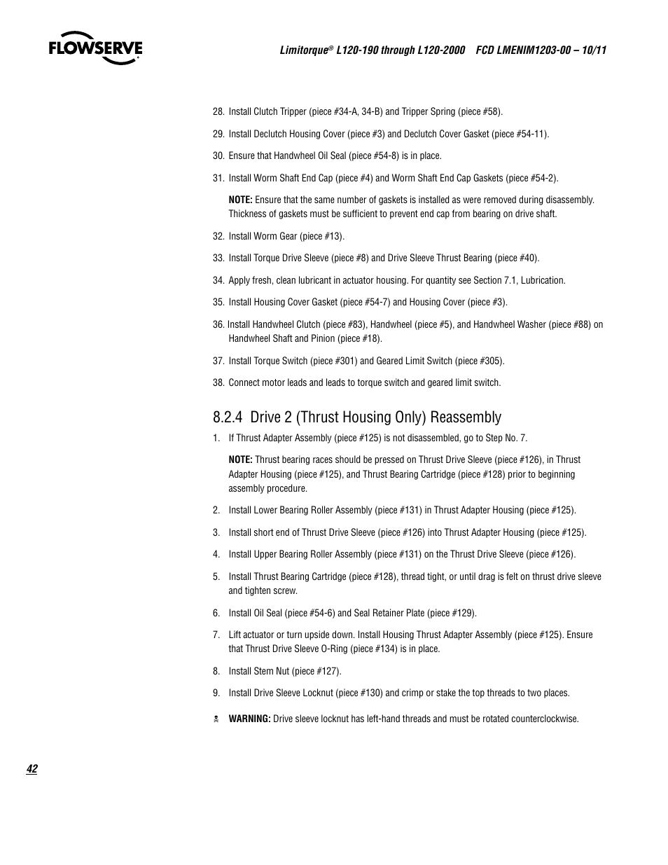 4 drive 2 (thrust housing only) reassembly | Flowserve L120-190 through L120-2000 User Manual | Page 42 / 56