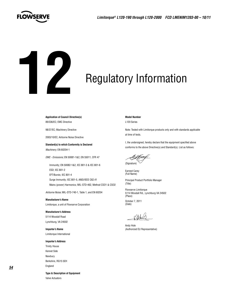 Regulatory information | Flowserve L120-190 through L120-2000 User Manual | Page 54 / 56