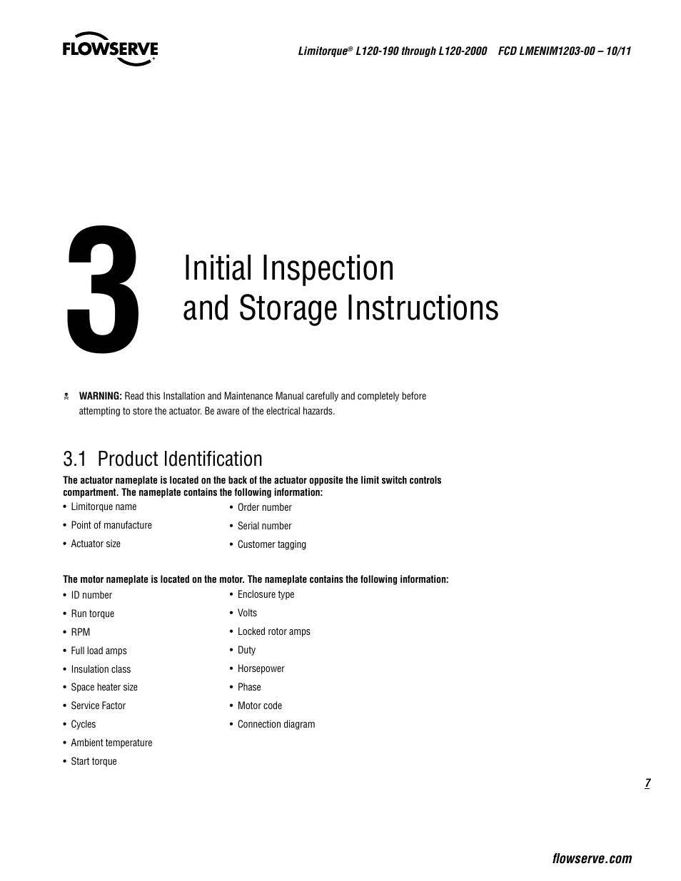 Initial inspection and storage instructions | Flowserve L120-190 through L120-2000 User Manual | Page 7 / 56