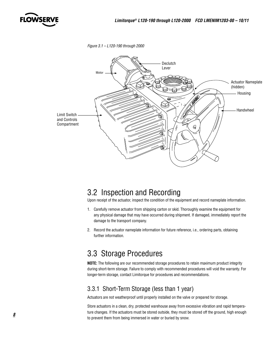 2 inspection and recording, 3 storage procedures, 1 short-term storage (less than 1 year) | Flowserve L120-190 through L120-2000 User Manual | Page 8 / 56