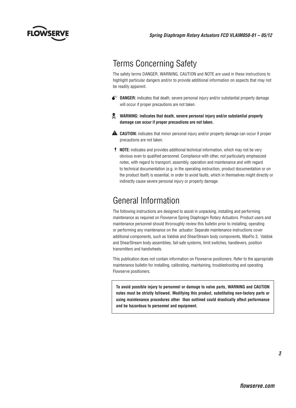 Terms concerning safety, General information | Flowserve Spring Diaphragm Rotary Actuators User Manual | Page 3 / 12