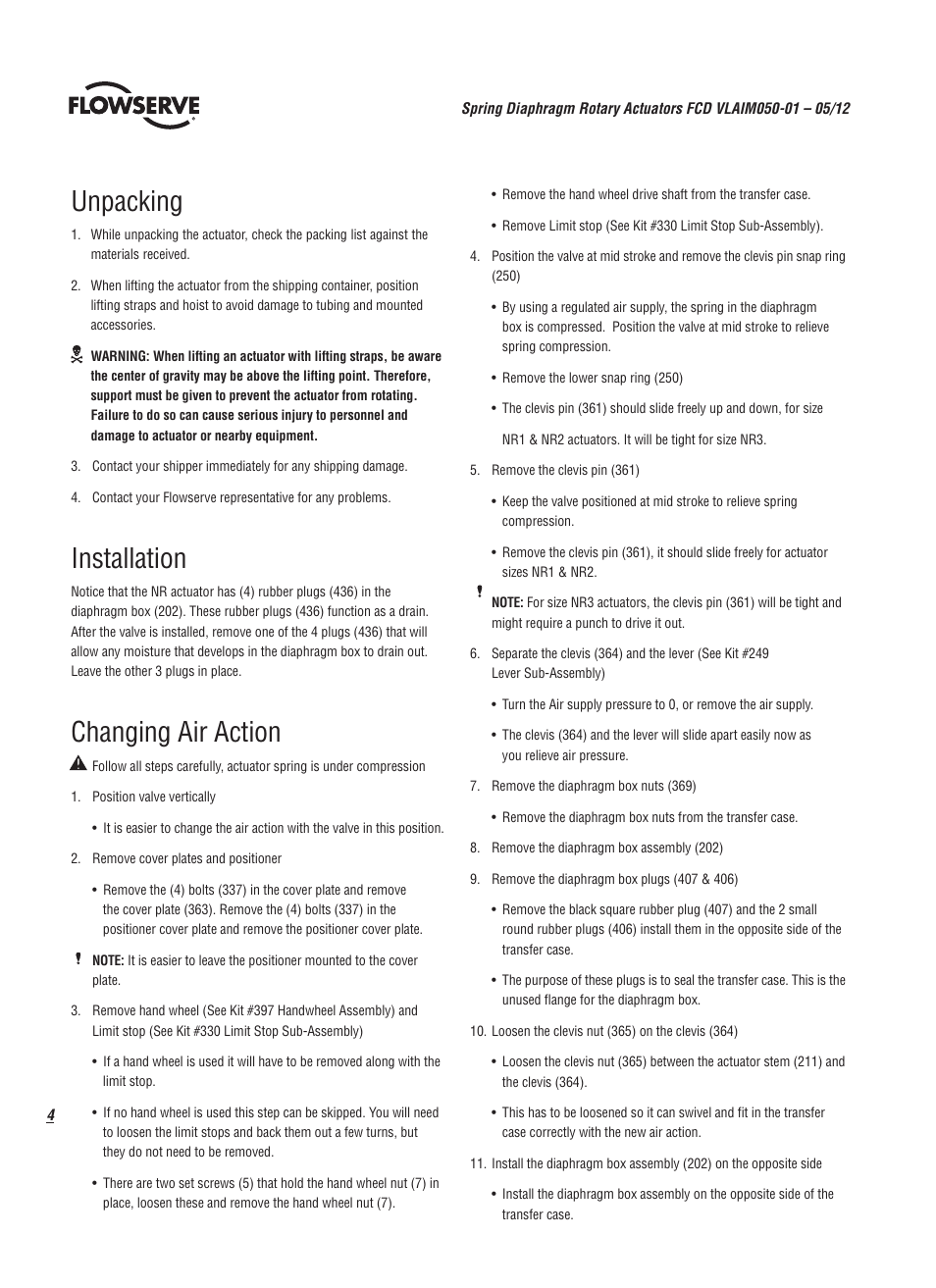 Unpacking, Installation, Changing air action | Flowserve Spring Diaphragm Rotary Actuators User Manual | Page 4 / 12